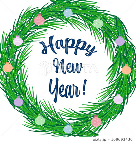 Happy new year greetin card with green wreath and colorful baubles ornaments 109693430