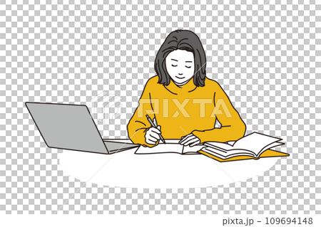 A woman studying with a computer and reference books A woman studying with a computer and reference books 109694148