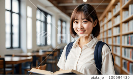 図書館で勉強する女子学生 109694439