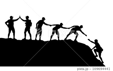 Man help man to climbing mountain. Help and assistance concept. Silhouettes of two people climbing on mountain and helping 109694441