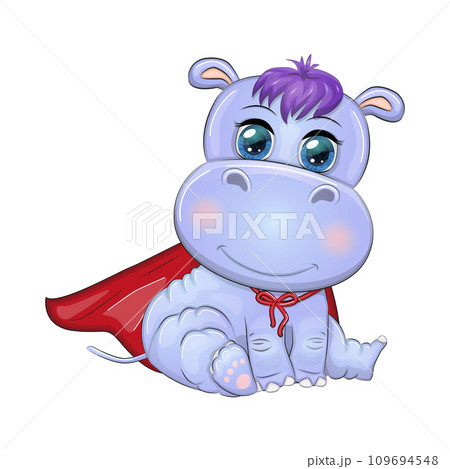 Cute cartoon hippopotamus wearing a red superhero cape 109694548