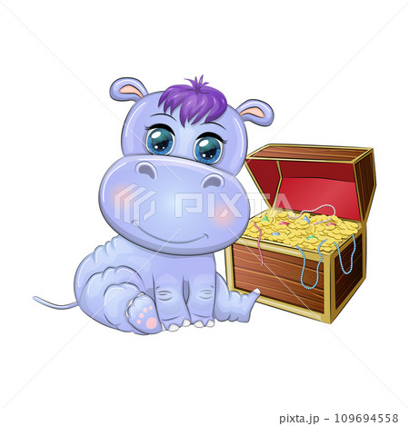 Hippopotamus cartoon character, wild animal in near a palm tree with a treasure chest. Character with bright eyes Hippopotamus cartoon character, wild animal in near a palm tree with a treasure chest. Character with bright eyes 109694558