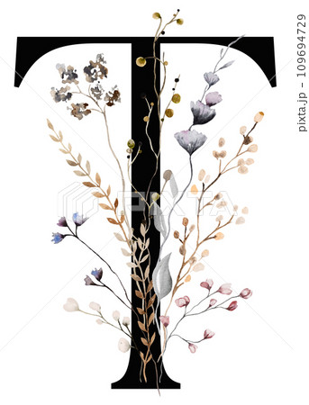Black capital letter T with brown autumn watercolor wildflowers and leaves, isolated illustration 109694729
