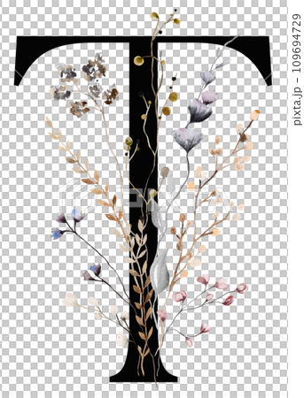 Black capital letter T with brown autumn watercolor wildflowers and leaves, isolated illustration 109694729
