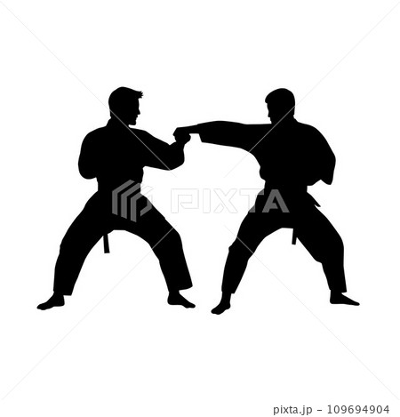 Black silhouettes of karate fighting, Single combats, a set of silhouettes of a karate in different poses 109694904