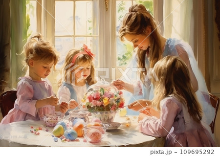 Mom and children decorating and painting Easter eggs 109695292