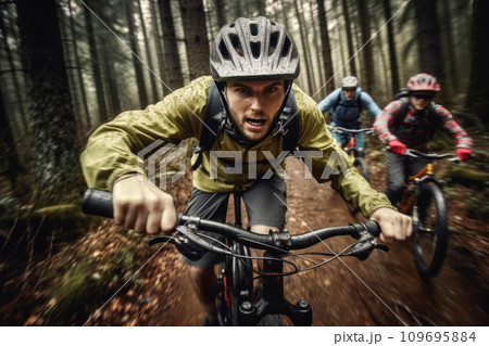 Mountain Bikers on a Forest Trail. Generative AI 109695884