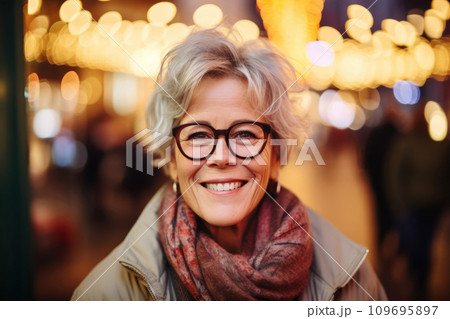 Confident Elderly Woman with Glasses and Scarf. Generative AI 109695897