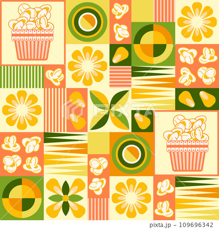 Seamless pattern with icons of popcorn, popcorn container, corn grains, abstract geometric shapes on square grid background. For branding, decoration of food package, decorative print Seamless pattern with icons of popcorn, popcorn container, corn grains, abstract geometric shapes on square grid background. For branding, decoration of food package, decorative print 109696342