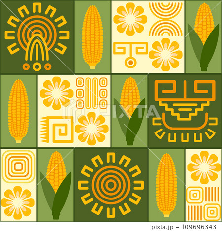 Seamless pattern with icons of corn cob, corn grains, ethnic mesoamerican ornament, shapes on square grid background. For branding, decoration of food package, decorative print for kitchen 109696343