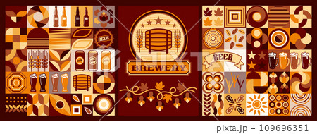 Set of logo, beer design elements in simple Bauhaus style. Icons, abstract geometric shapes. Good for branding, decoration of food package, cover design, decorative print, background. Set of logo, beer design elements in simple Bauhaus style. Icons, abstract geometric shapes. Good for branding, decoration of food package, cover design, decorative print, background. 109696351