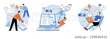 Busy employee vector illustration. The serious nature job adds to stress and pressure faced by employees The constant stress being busy affects mental and physical well being employee Each task adds Busy employee vector illustration. The serious nature job adds to stress and pressure faced by employees The constant stress being busy affects mental and physical well being employee Each task adds 109696832