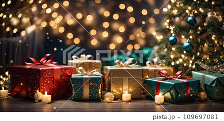 Christmas background with gift boxes with bows in red and green saturated colors, bokeh and fairy light. Festive mood Christmas and New Year 109697081
