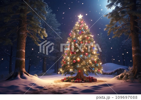 Fairy Christmas tree glows with warm fairy lights with golden decor and multicolored balls in forest in winter with snow. Christmas and New Year, festive mood, greeting card 109697088