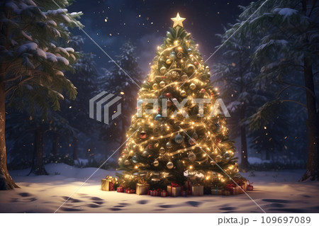 Fairy Christmas tree glows with warm fairy lights with golden decor in the forest in winter with snow. Christmas and New Year, festive mood, greeting card Fairy Christmas tree glows with warm fairy lights with golden decor in the forest in winter with snow. Christmas and New Year, festive mood, greeting card 109697089