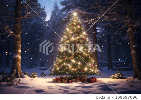 Fairy Christmas tree glows with warm fairy lights with golden decor in the forest in winter with snow. Christmas and New Year, festive mood, greeting card 109697090