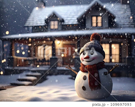 Kind, cartoon Funny snowman in a knitted hat and scarf in the yard on the background cozy house with warm light inside. Winter fairy tale, snowfall, snow entertainment, christmas and new year 109697093