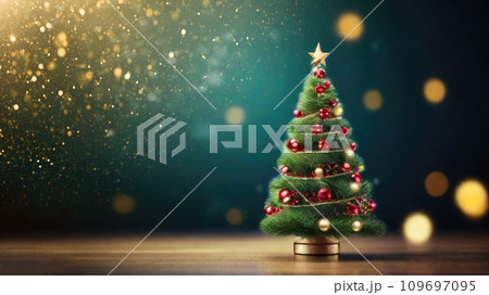Fairy Christmas tree in a fabulous style with red decor on a solid background with bokeh, glitter and copy space. Christmas and New Year, festive mood, greeting card 109697095