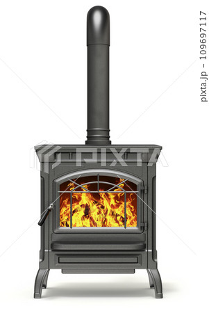 Wood burning stove with fire flame on white background - 3D illustration 109697117