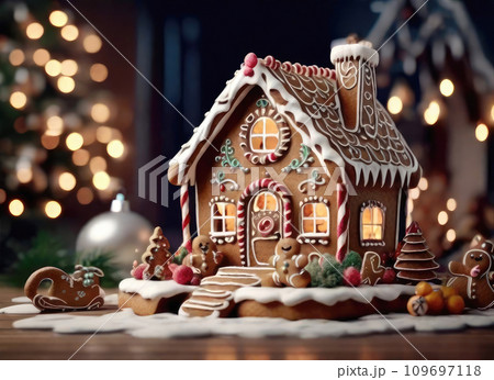 A traditional gingerbread house in a Christmas decor and fairy lights on a New Year's background. Delicious fragrant sweetness, homemade cakes, comfort in the house, housing, mortgage, insurance A traditional gingerbread house in a Christmas decor and fairy lights on a New Year's background. Delicious fragrant sweetness, homemade cakes, comfort in the house, housing, mortgage, insurance 109697118