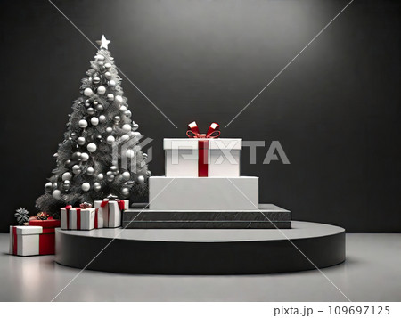 Round geometric empty podium for a product with Christmas decor black and white with red ribbons on a monochrome background. New Year's product, promotion, advertising, display Round geometric empty podium for a product with Christmas decor black and white with red ribbons on a monochrome background. New Year's product, promotion, advertising, display 109697125