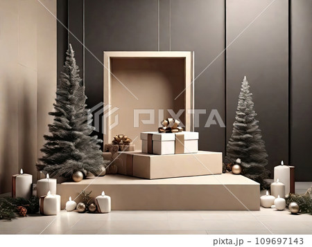 Square geometric empty podium for a product iwith eco-style Christmas decor on a solid background. New Year's product, promotion, advertising, display on theme of nature and ecology, in neutral tones 109697143