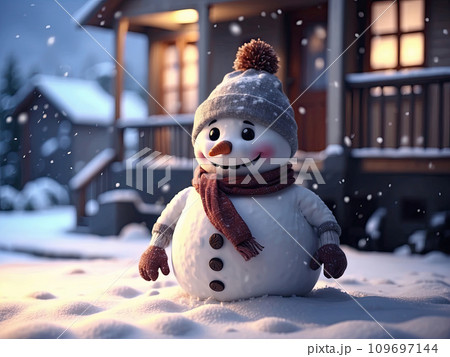 Kind, cartoon Funny snowman in a knitted hat and scarf in the yard on the background cozy house with warm light inside. Winter fairy tale, snowfall, snow entertainment, christmas and new year 109697144