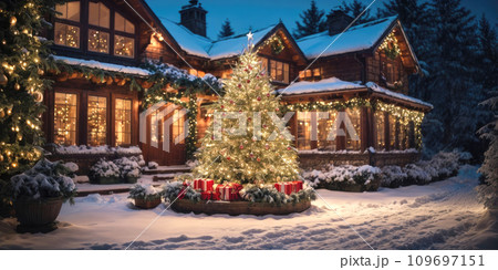 Fairy Christmas tree in courtyard of a cozy house in the background glows with warm fairy lights with golden decor, boxes with gifts. Christmas and New Year, festive mood, greeting card 109697151