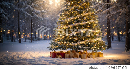 Fairy Christmas tree glows with warm fairy lights with golden decor in the forest in winter with snow, boxes with gifts are lying under fir tree. Christmas and New Year, festive mood, greeting card Fairy Christmas tree glows with warm fairy lights with golden decor in the forest in winter with snow, boxes with gifts are lying under fir tree. Christmas and New Year, festive mood, greeting card 109697166