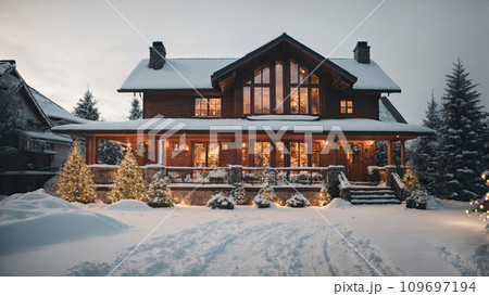 Wooden modern cozy house in Christmas decor and snow, Festive mood. Tourism, travel in winter, vacation on New Year, mini hotel, booking, insurance, mortgage, housing, rent, moving. AI generated 109697194