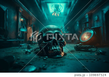 Empty space dead skull hall. Horror sky. Generate AI Empty space dead skull hall. Horror sky. Generate AI 109697324