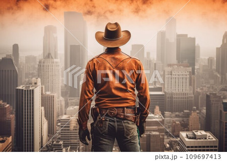 Cowboy wild west skyscrapers. Movie real. Generate Ai 109697413
