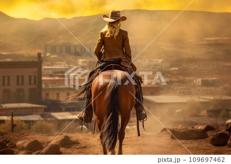Cowboy woman on horse wild west. Desert bay. Generate Ai Cowboy woman on horse wild west. Desert bay. Generate Ai 109697462