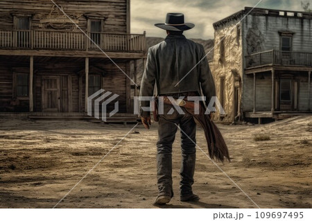 Cowboy wild west buildings. Saloon retro real. Generate Ai 109697495