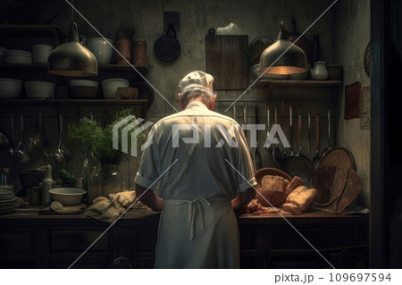 Cook old man vegan kitchen. Fresh diet flour. Generate Ai 109697594