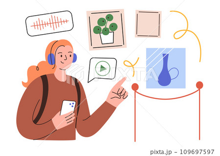 Audio guide in art museum, girl using mobile app in gallery, tourist visit exhibition, listening to audio tour in headphones, travel service, vector illustration of woman enjoying self-guided tour 109697597