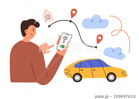 Man uses carsharing app, hand drawn composition with automobile rent, vector illustration of smartphone screen with key icon, taxi or car rental in travel, transport business concept 109697618