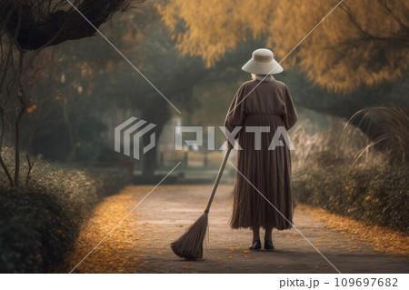 Cleaner old woman broom. Park autumn street. Generate AI 109697682