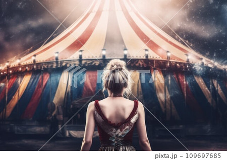 Circus tent arena top woman performer. Show striped. Generate Ai 109697685