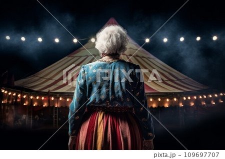 Circus tent arena performer old woman. Poster model. Generate Ai 109697707