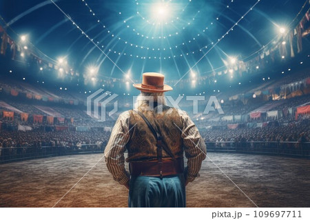 Circus tent arena performer old man. Poster joy. Generate Ai 109697711