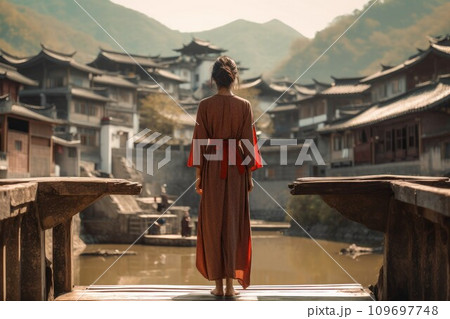 Chinese village cute woman. Park landscape. Generate Ai Chinese village cute woman. Park landscape. Generate Ai 109697748
