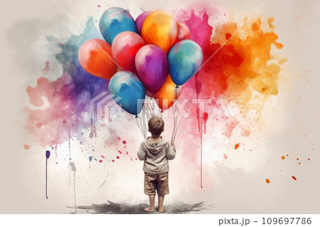 Child watercolors colorful balloons. Circus drawing. Generate Ai 109697786