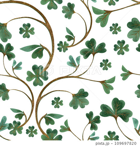 Seamless pattern with symbols of Ireland. Wrapping paper for St. Patrick's Day. Watercolor in vintage style on a white background. Seamless pattern with symbols of Ireland. Wrapping paper for St. Patrick's Day. Watercolor in vintage style on a white background. 109697820
