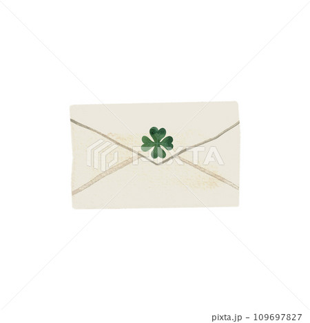 White paper mailing envelope with green four leaf clover for St. Patrick's Day invitation. Isolated watercolor illustration on white background. Clipart. 109697827