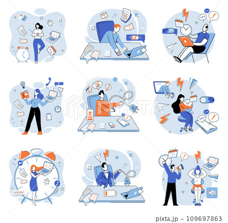 Busy employee vector illustration. In corporate setting, completing tasks on time is essential for success Managing busy career can contribute to feelings anxiety and stress Serious and stressful Busy employee vector illustration. In corporate setting, completing tasks on time is essential for success Managing busy career can contribute to feelings anxiety and stress Serious and stressful 109697863