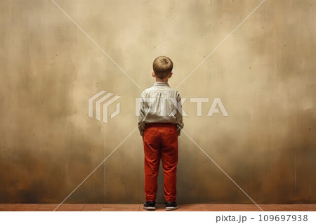 Child boy front wall. Fashion cute person. Generate AI 109697938