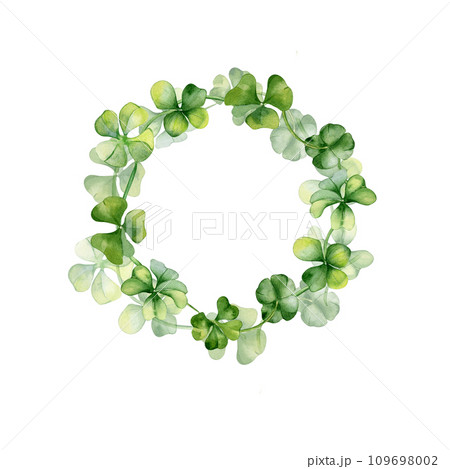Circle frame with shamrock and clover watercolor illustration isolated on white background. Painted green four leaves. Hand drawn Irish symbol. Design element for St.Patricks day postcard, package Circle frame with shamrock and clover watercolor illustration isolated on white background. Painted green four leaves. Hand drawn Irish symbol. Design element for St.Patricks day postcard, package 109698002