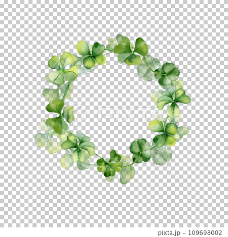 Circle frame with shamrock and clover watercolor illustration isolated on white background. Painted green four leaves. Hand drawn Irish symbol. Design element for St.Patricks day postcard, package Circle frame with shamrock and clover watercolor illustration isolated on white background. Painted green four leaves. Hand drawn Irish symbol. Design element for St.Patricks day postcard, package 109698002