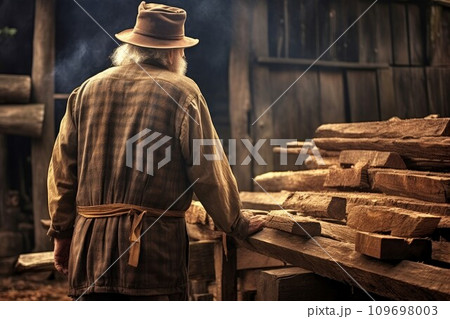 Carpenter old man sawmill. Craft machine. Generate Ai Carpenter old man sawmill. Craft machine. Generate Ai 109698003